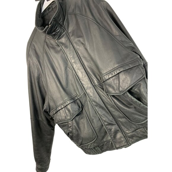 London Fog XL Black Leather Bomber Jacket Quilted Lining Multiple Pockets 8756 - Picture 4 of 12